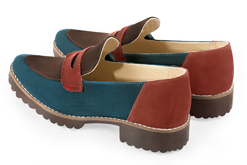 Peacock blue, chocolate brown and terracotta orange women's casual loafers. Round toe. Flat rubber soles. Rear view - Florence KOOIJMAN